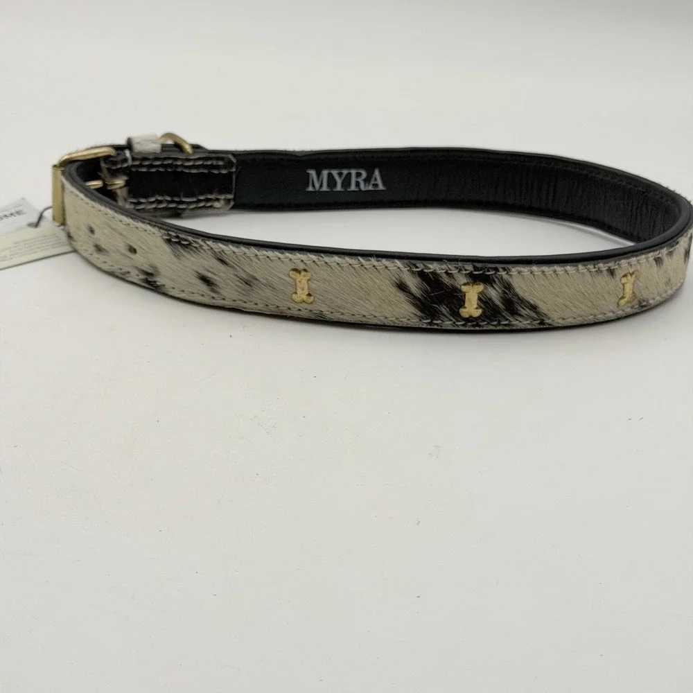 Myra Bag Cowhide Dog Collar Black White Spotted Leather Gold Bone Studs NEW XL